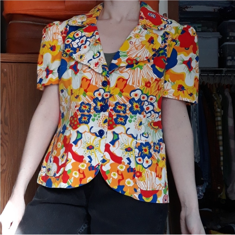 70s Handmade Floral Blazer Jacket / Top Groovy Pop Art Psychedelic Colorful - Picture 7 of 16